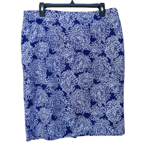 Liz Claiborne Straight Skirt Abstract Floral Print Blue White Cotton Blend - Picture 1 of 10